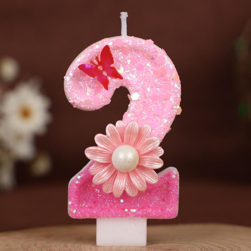 Sequin Pink Flower Butterfly Numbers Birthday Candle Cake Party Decoration One Year Old Handmade Candles 0-9