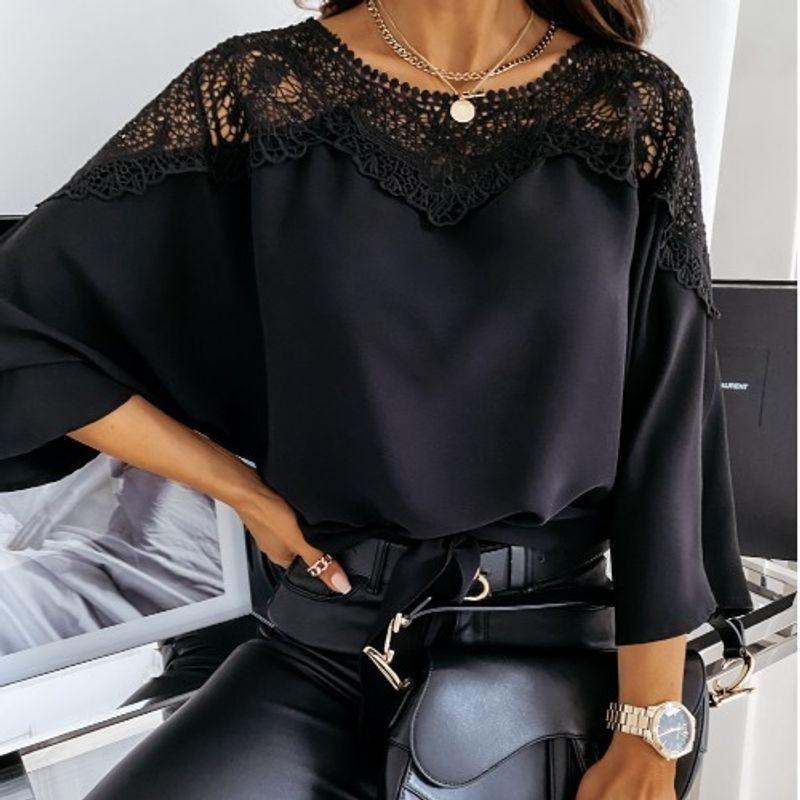 

K-style Fashionable Light Mature round Neck Lace Lace Patchwork Cut Out Transparent Shirt 3/4 Sleeve Loose T-shirt Female Shirt Black 2XL