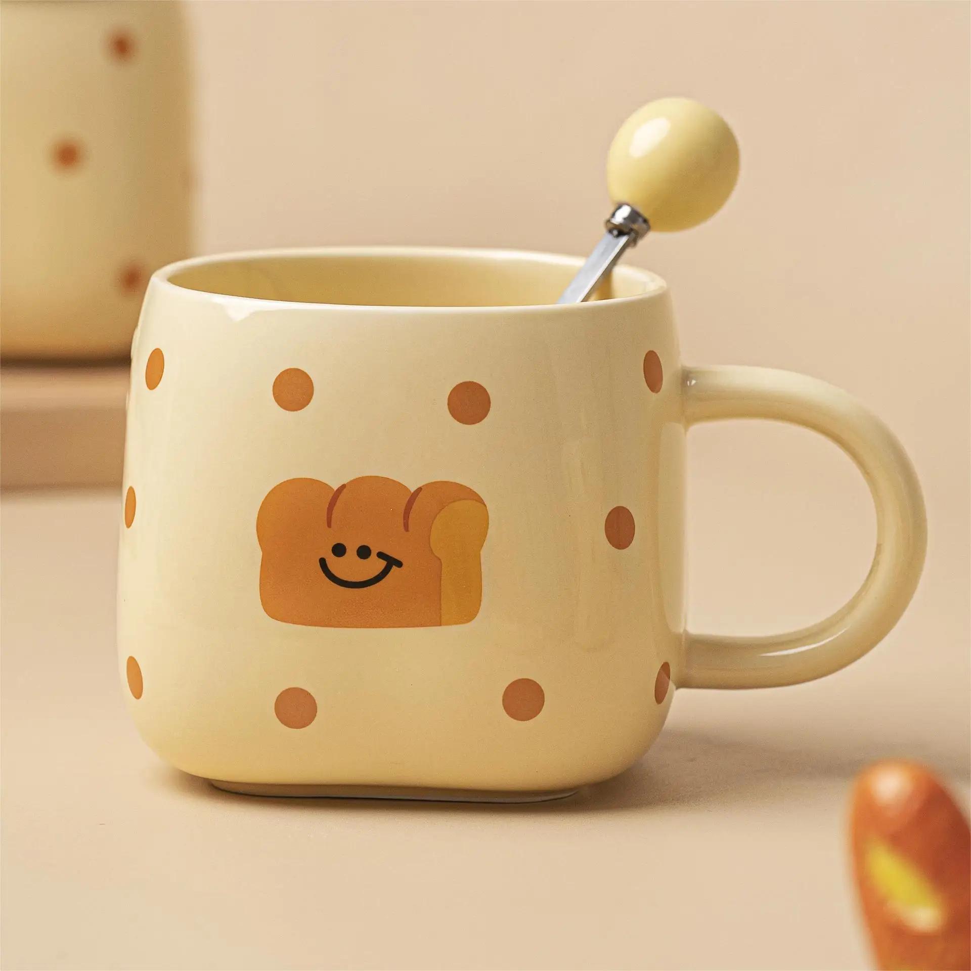 

Creative French bread mug, household milk breakfast cup with lid and spoon, drinking cup, afternoon tea coffee cup 420ml