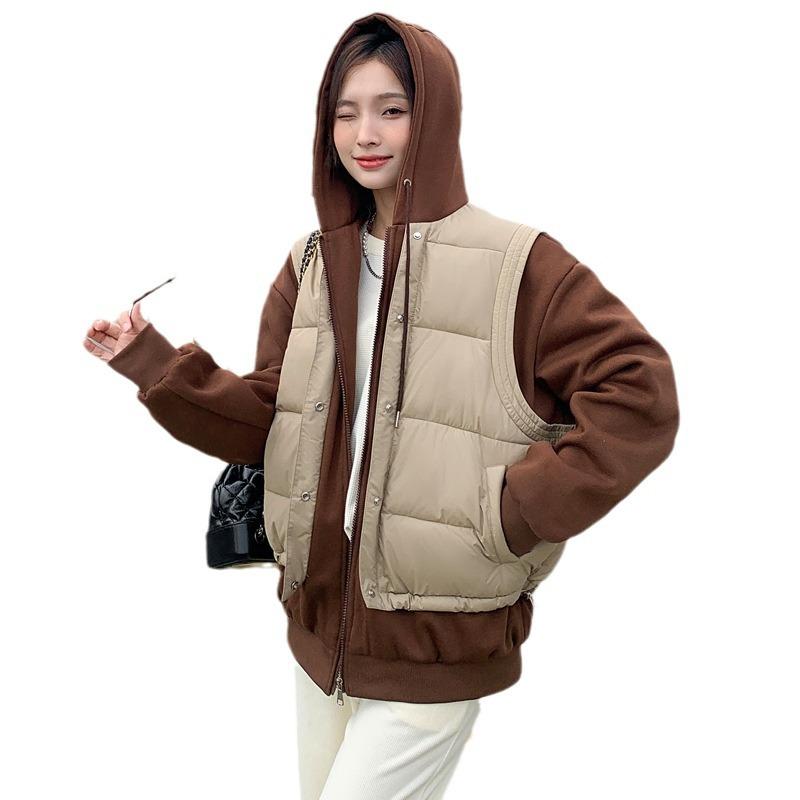 Fake two-piece hooded sweatshirt cotton clothes women's autumn and winter 2025 new vest splicing thickened padded jacket pie overcoming coat