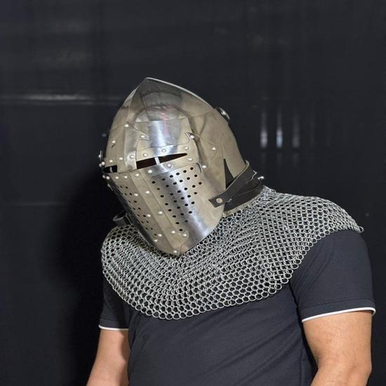 Steel Medieval Knight Helmet with Chainmail Coif, Crusader LARP Armor, Viking Cosplay Gothic Gift