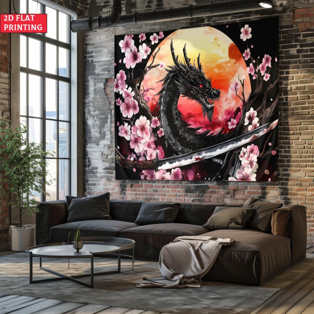 Japanese Dragon Cherry Blossom Tapestry Samurai Sword Moon Background Wall Art Asian Oriental Decor Living Room Bedroom Art