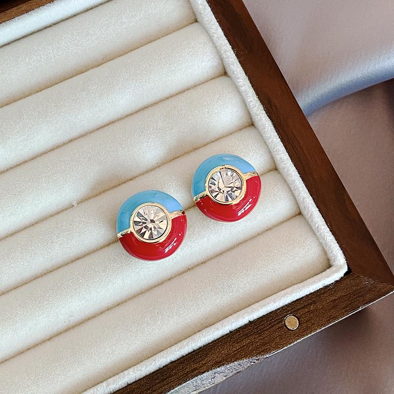 

High Grade Red Blue Enamel Patchwork Circular Zircon Earrings For Girls Simple Classic Accessories Women‘s Fashionable Jewelry
