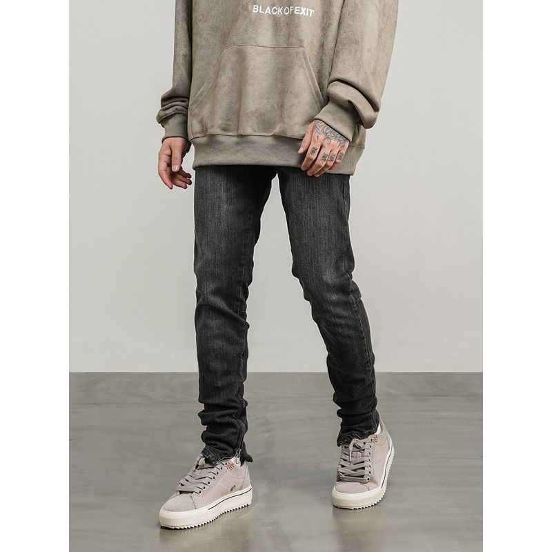 European and American High Street Style Basic Side Open Zip-up Feet Jeans Kanye Same As Slim Fit Stretch Slimming Trousers for Men