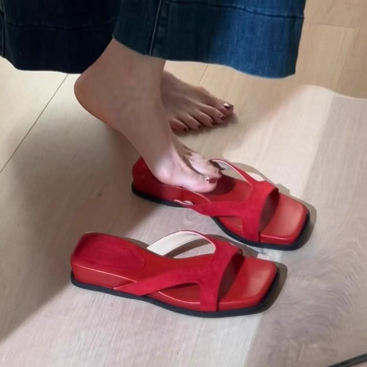 Keep Version~ Korean Version of Simple Outer Wear Thick-soled One-word Slippers Women's Retro Leather Soft-soled Open-toed Simple Cool Slippers