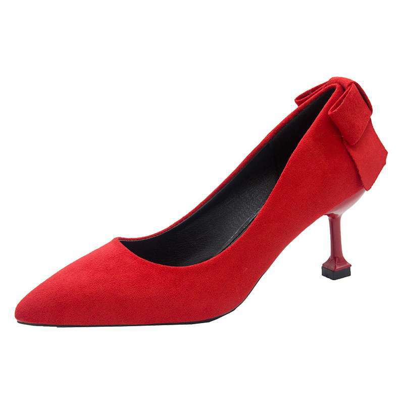 Red suede wedding shoes women's heel bow high heels fairy style with Xiuhe bridal shoes green shoes