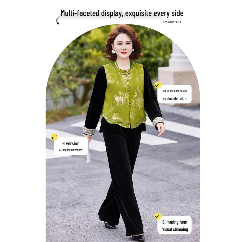 Elegant Spring Suit: New Chinese Style Vest & Gold Velvet Three-Piece for Middle-Aged and Elderly