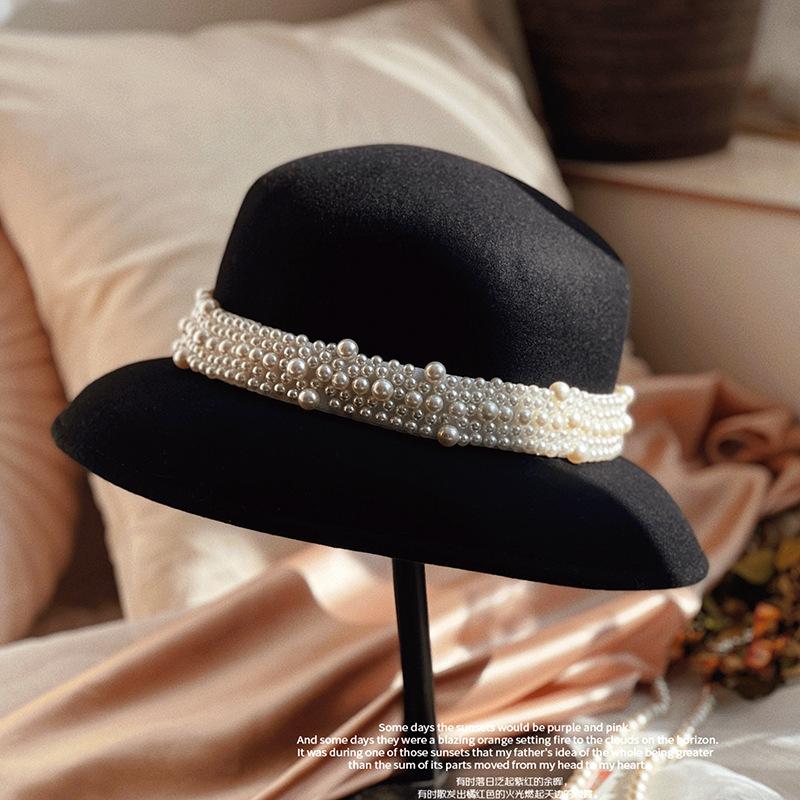 Woman Fisherman Hat Autumn Winter Pure Wool Pearl Wool Hat French Hepburn Retro Elegant Felt Hat Church Hat Dome Fishermen Hat