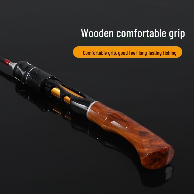 Wood Grain Portable Ice Fishing Rod with Curved Handle and Soft/Hard Tips