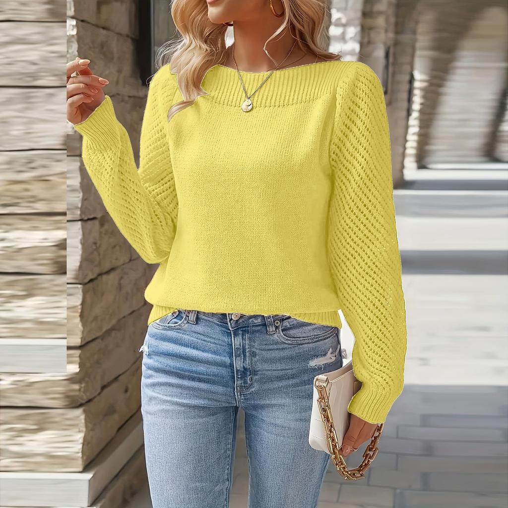 Women's Fashionable Casual Openwork Long-Sleeved Off-the-Shoulder Pullover Knit Top