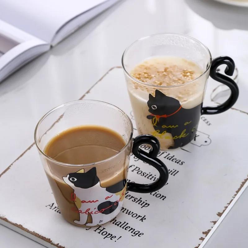 250ml kreslený kočičí skleněný hrnek 3D kočičí ocas vysoce borosilikátový žáruvzdorný skleněný hrnek pro domácnost, snídaňový mléko, džus, kávový hrnek