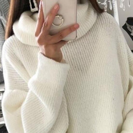 Turtleneck Pile Collar Long Sleeve Thickened Warm Pullover Sweater Women Autumn Winter Solid