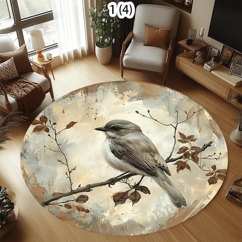 Tapis Rond Artistique Oiseau Style Peinture à l'Huile Oiseau sur Branche Décoration Intérieure Moderne Tapis Doux Antidérapant pour Salon 120x120cm