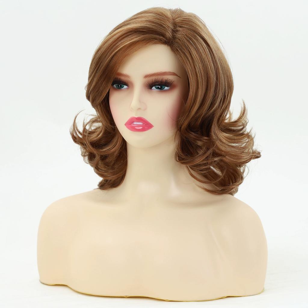 Women Shoulder Length Wave Hair Golden Brown Blonde Synthetic Wavy Wigs with Bangs Heat Resistant Fibre for Daily Cosplay Lolita