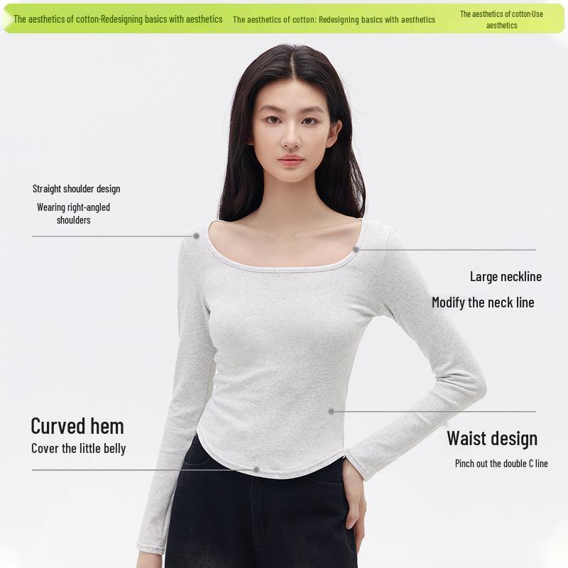Spicy Girl Square Neck Slimming Long Sleeve T-shirt for Autumn/Winter