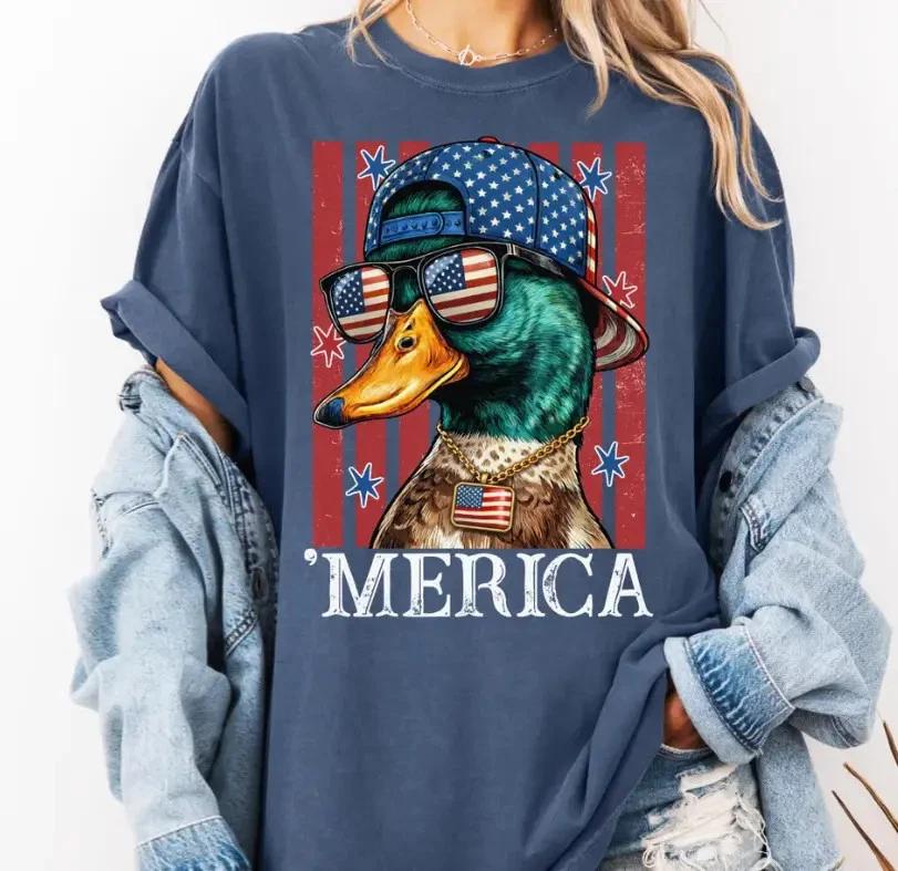 Merica Duck Shirt, Funny Patriotic Mallard Tee, Retro USA Flag T- Shirt XL