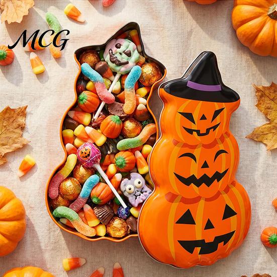 Candy Jar with Secure Lid Halloween Pumpkin Tin Box, Stacked Shaped Metal Treat Container Storage Lid, Orange Tinplate Case for Trick or Party Favors