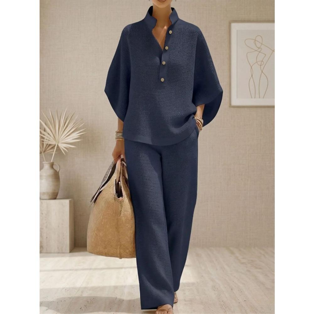 Women's Mandarin Collar Half Sleeve Button Up Shirt and Wide Leg Pants Casual Loungewear Set