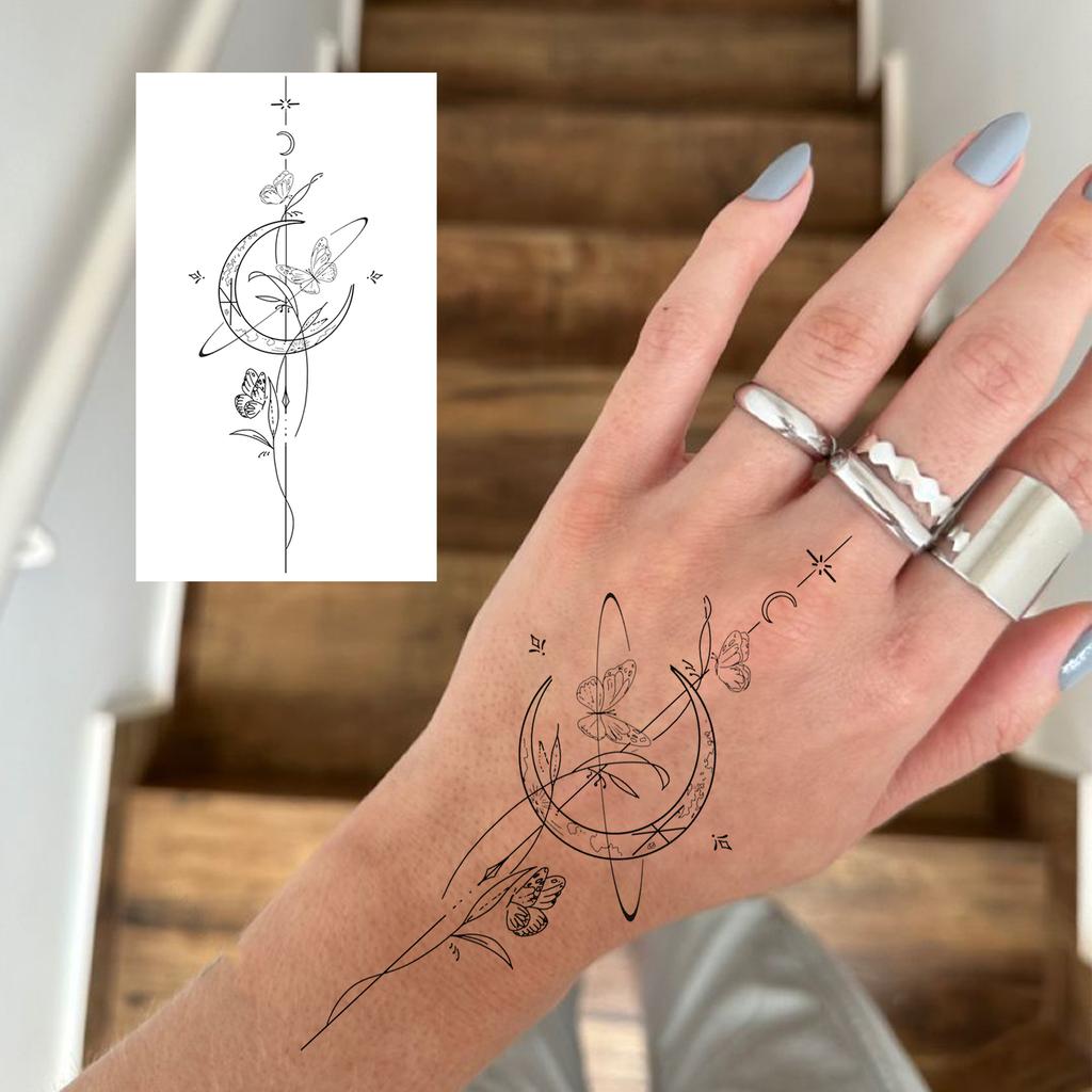 1 Sheet Crescent Sun Chain Temporary Tattoos For Women Hands Neck, Fake Tattoo Stickers Waterproof Long Lasting Realistic Tatoos