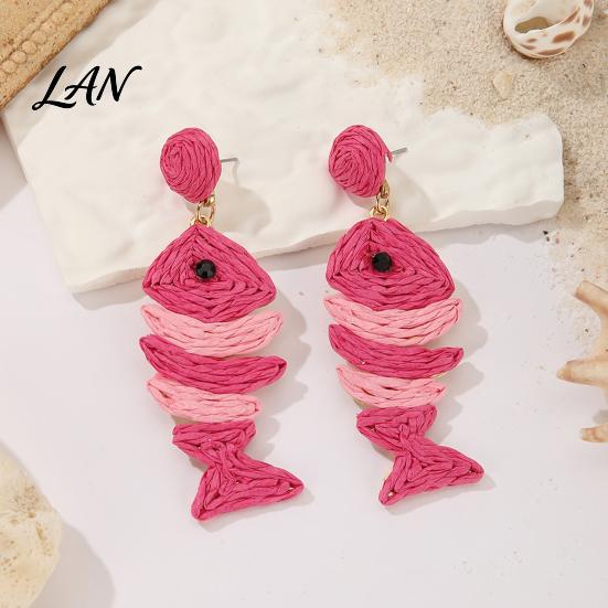 Raffia Earrings 1 Pair Boho for Women, Handmade Rattan Fish Shape Summer Vacation Jewelry Earrings, Bohemian Straw Drop Dangle Tropical Beach