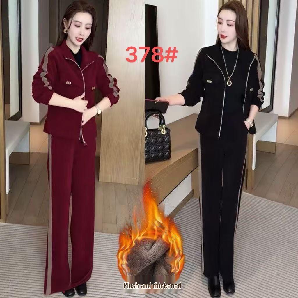 Mode Hiver 2025 pour Femmes: Ensemble de vêtements de sport doublé polaire avec manteau chaud et pantalon à jambe droite