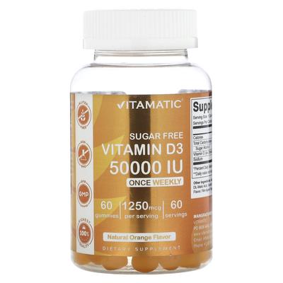 Vitamine D3 sans sucre, Orange naturelle, 1 250 mcg (50 000 UI), 60 bonbons gélifiés