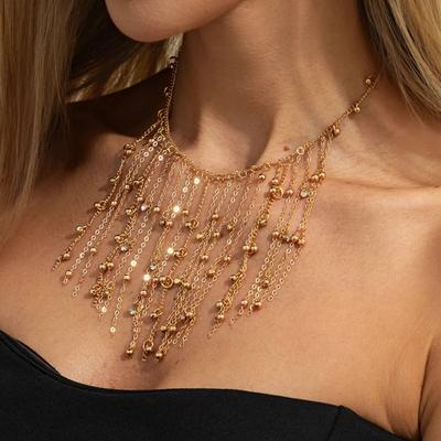 Salircon Fashion Creative Multi Layer Beaded Tassel Necklace Women Vintage Gold Color Clavicle Chain Party Jewelry Accessories