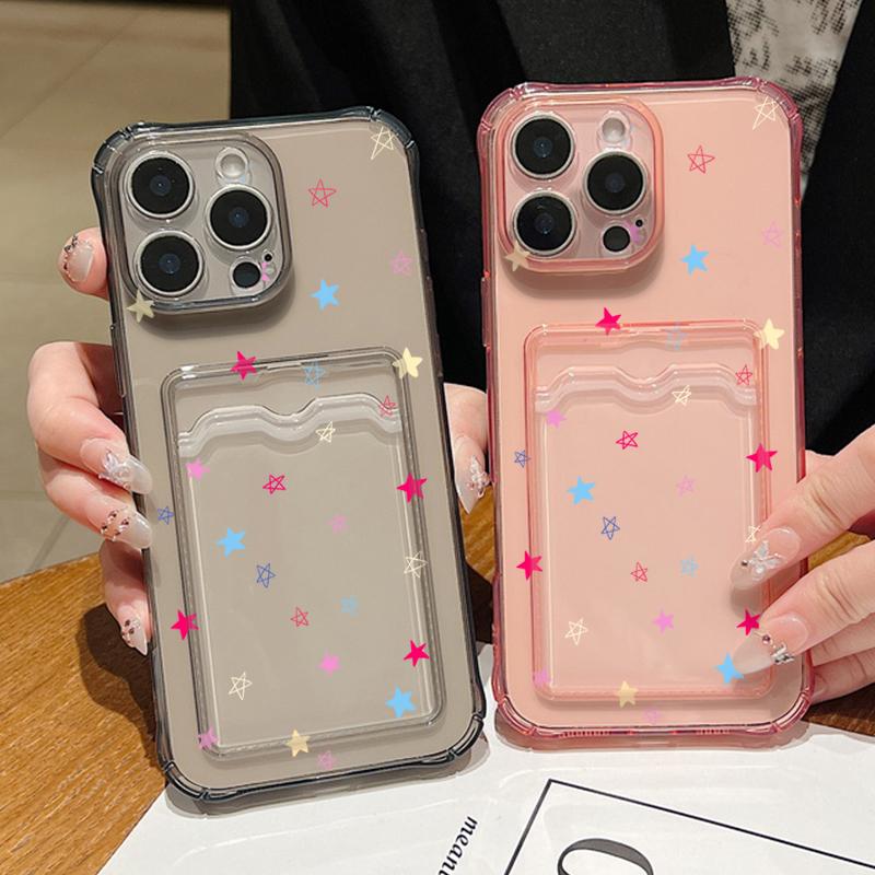 Soft Silicone Clear Card Slot Phone Case for iPhone 16 Pro 15 14 13 Pro Max 12 11 Colorful Stars Pattern Shockproof Lens Protection Solid Color Cover