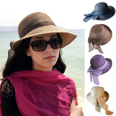 Women Beach Hat Large Brim Sun Protection Straw Hat Lace-up Bowknot Versatile Summer Sun Hat Daily Wear