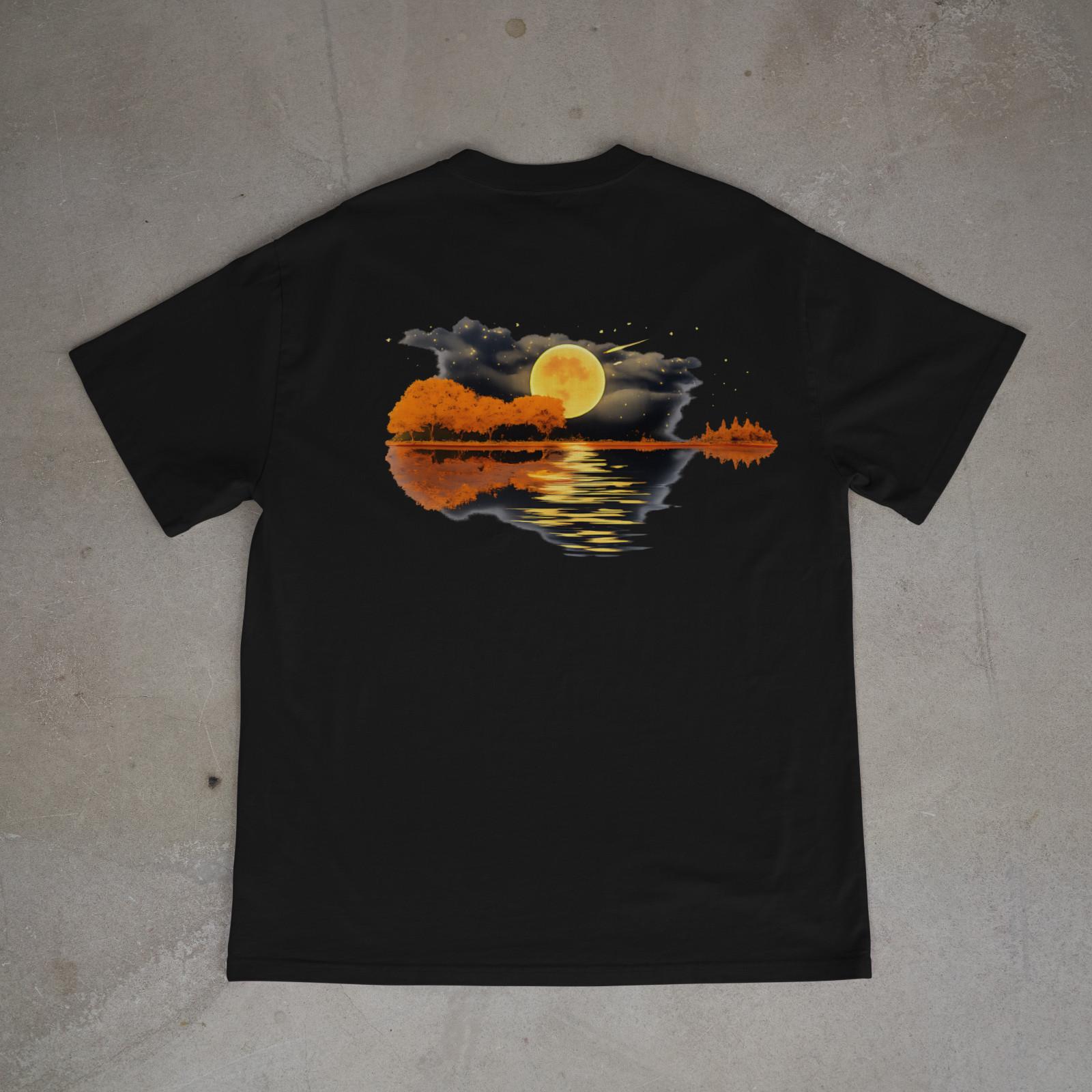 Golden Moon Lake Reflection Shirt, Night Landscape Nature Graphic Tee Back Print 3XL