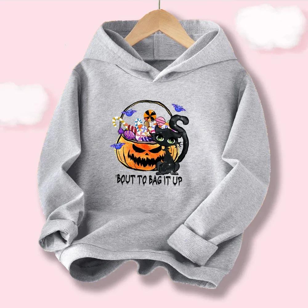 Kawaii Boys' & Girls' Halloween Hoodie "LOVE" Letter with Pumpkin and Skull Print, Casual Kids' Hooded Top