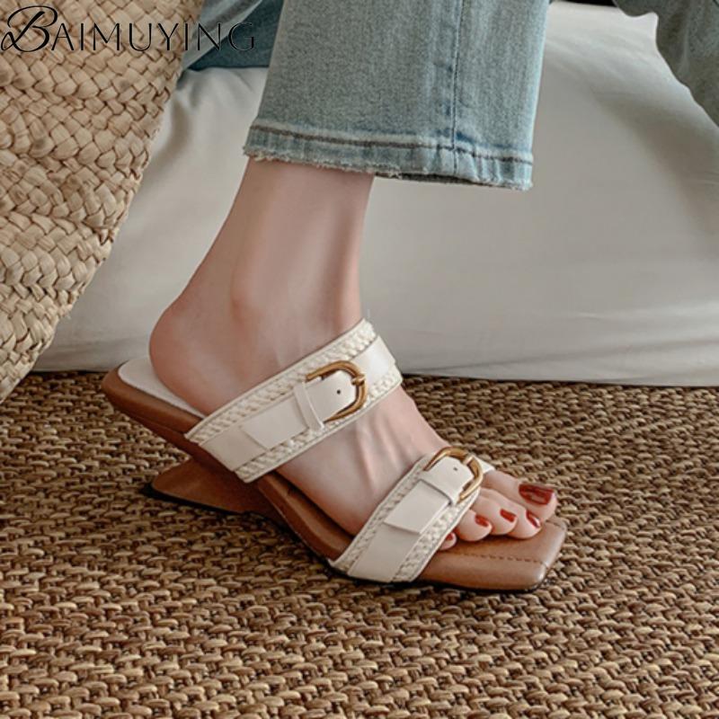 Fashion Square Toe Women Slippers Weave Sandals Loafers High Heels Shoes Woman 2025 Trend Summer Beach Casual Pumps Shallow Slides Mujer