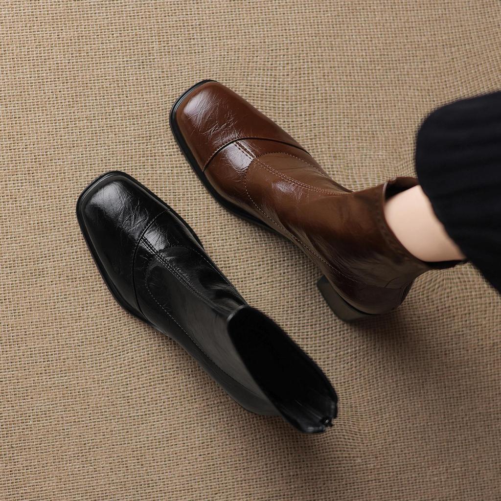 Krazing Pot Microfiber Square Toe Med Heels Elastic Boots Size 43 Slip On Women  Basic Design Ankle Boots