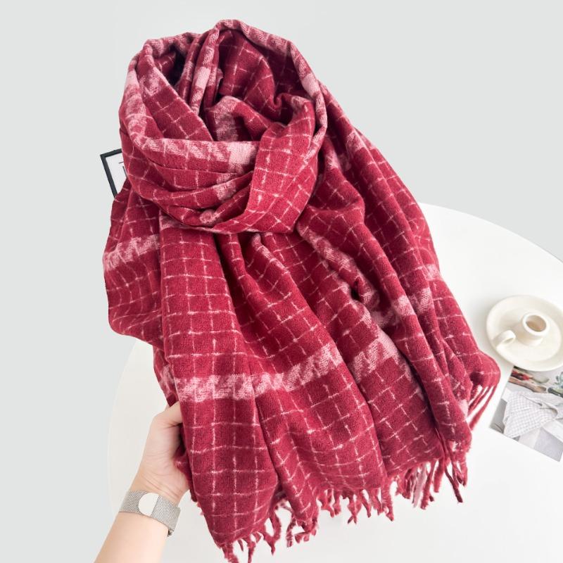 New Thickened Plaid Scarf White Soft Tassel Shawl Imitation Cashmere Scarf in Autumn and Winter