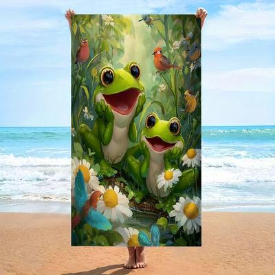 1pc Ranas Pájaros en Jardín Toalla de Playa Dos Ranas Verdes con Caras Alegres Sentadas en Tronco Rodeadas de Margaritas Pájaros Coloridos en