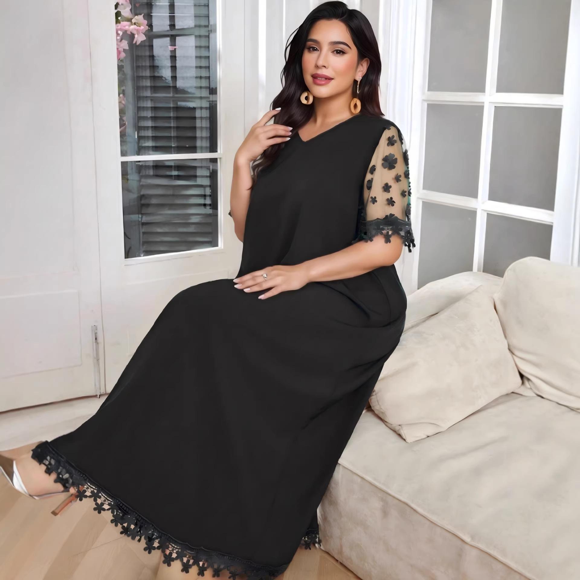 

Элегантное Ретро Большого Размера Платье с V-образным вырезом, Сетчатой Вышивкой, Короткой Рукавой и Кружевной Отделкой, Длинное, для Банкетов 1XL чёрный