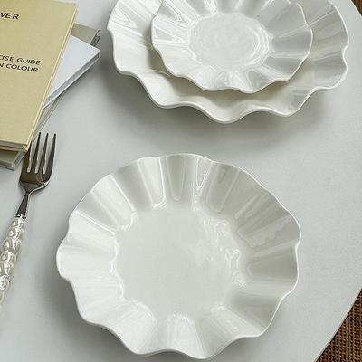 Korean Ruffle White Ceramic Dinner and Snack Plate