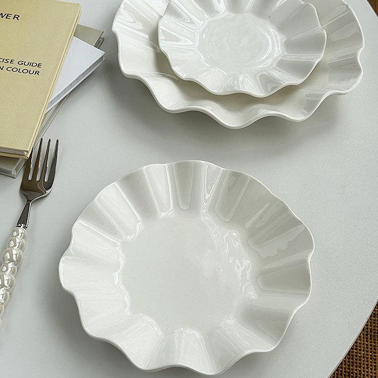 Korean Ruffle White Ceramic Dinner and Snack Plate