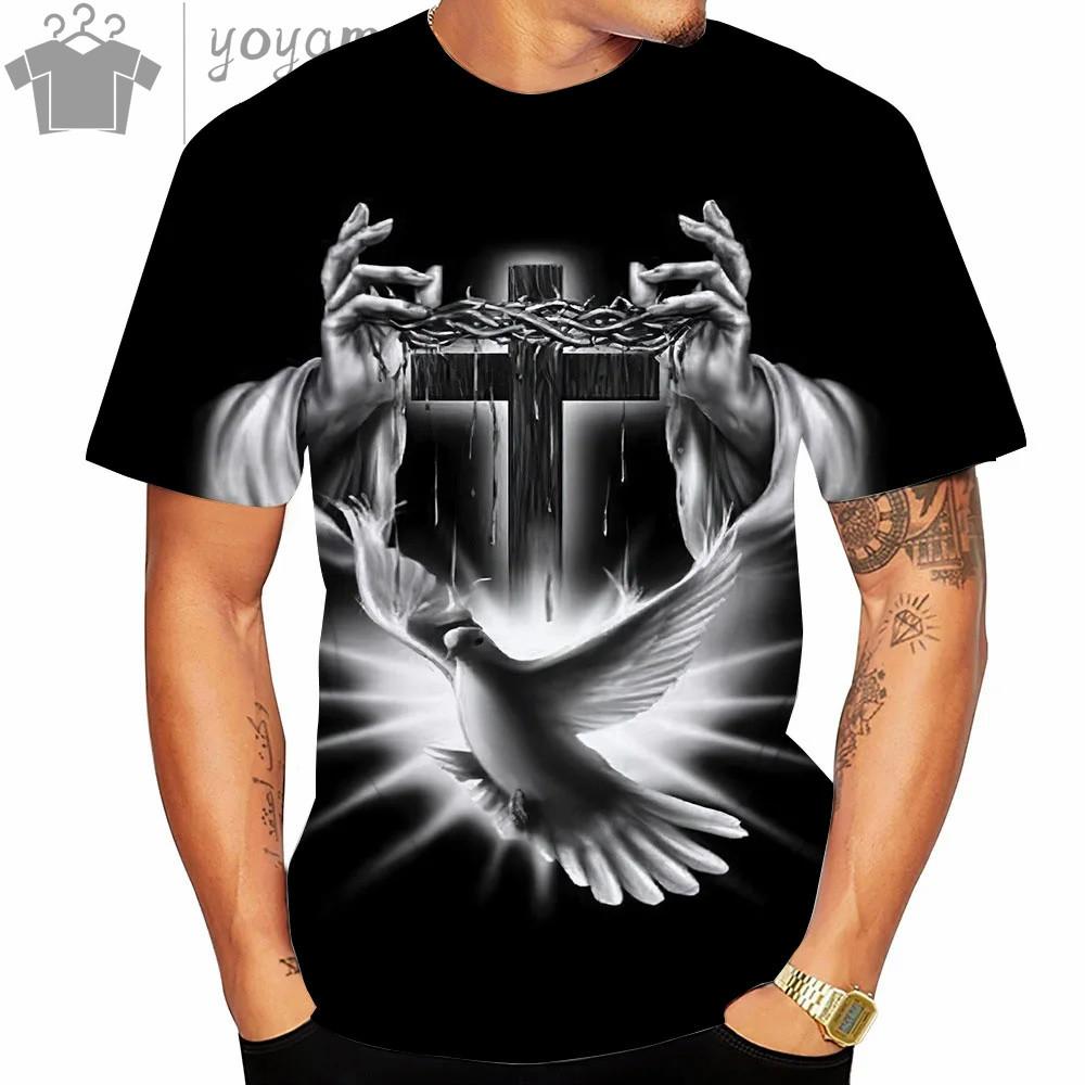 

Новая летняя мужская одежда, повседневная мужская футболка с принтом Иисуса Христа и креста 3D, футболка с коротким рукавом, футболка большого размера с круглым вырезом XS