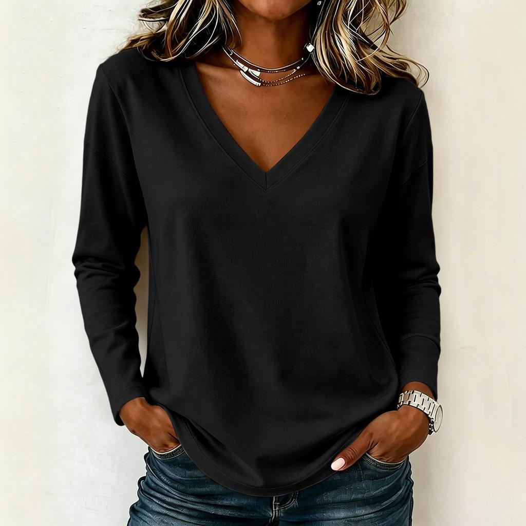Damen Langarm Lockerer V-Ausschnitt Lässiger Pullover Top Leichter Weicher Dehnbarer Stoff Bequeme Alltagskleidung