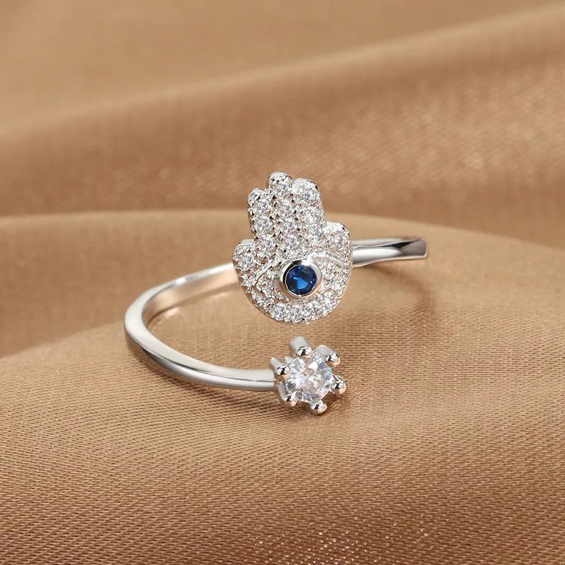 Hamsa Fatima's Hand Open Rings Turkish Blue Cubic Zircon Evil Eye Ring Protection Amulet Islamic Jewish Jewelry