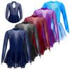 Meisjes Glanzende Schaatsjurk Lange Mouwen Ronde Hals Holle Rug Strass Mesh Inzet Ballet Dans Leotard