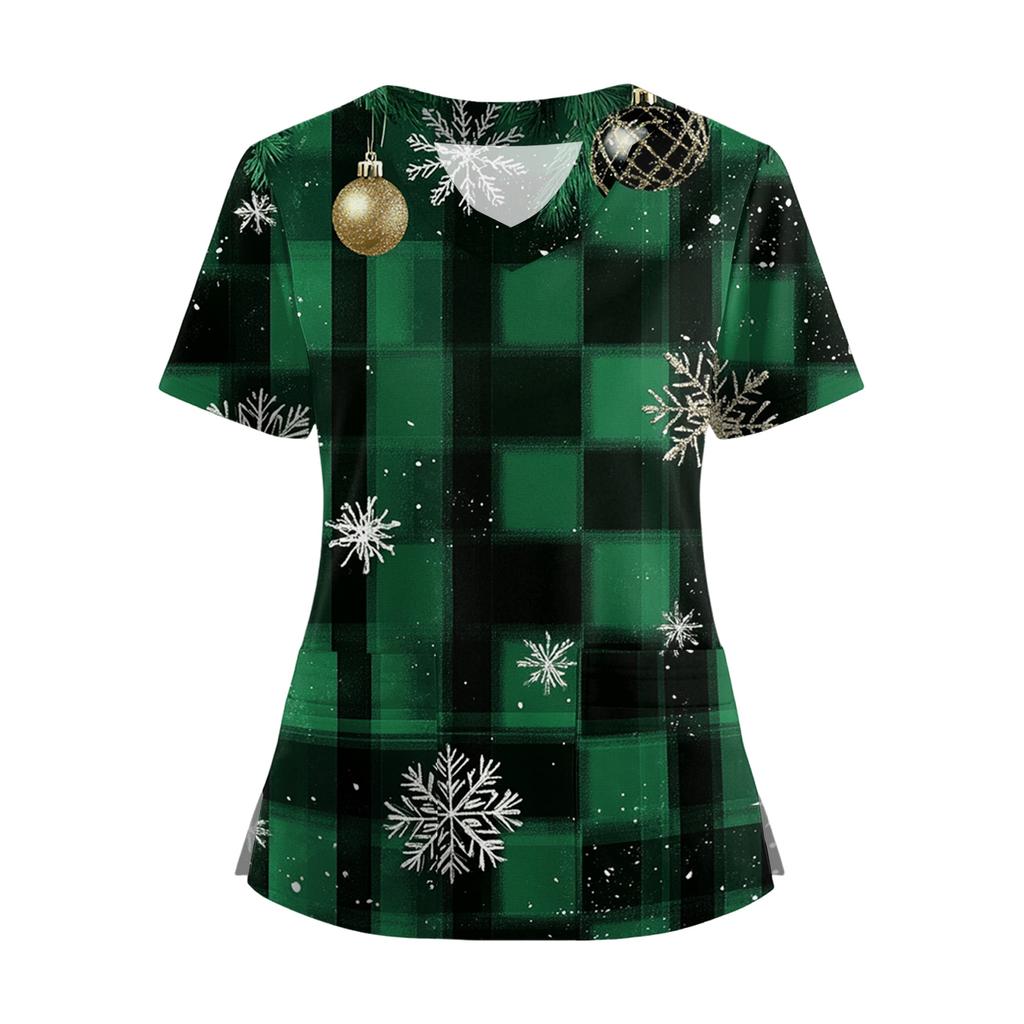 Kortermet juleprintet V-hals Topp T-skjorte med knapper i siden og splitt