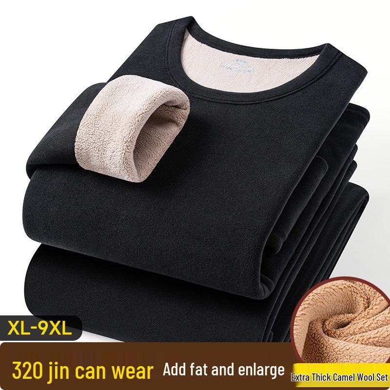 Men's Winter Fleece-Lined Camel Wool Base Layer Set - Warm Cotton Underwear and Pants for Middle-Aged and Elderly