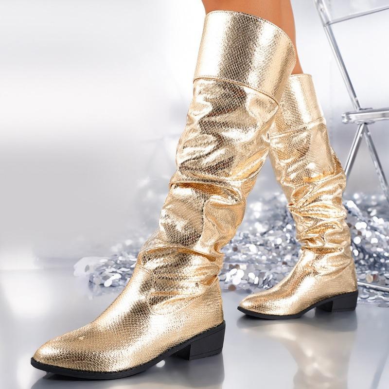 Women's Square Heel Pointed Toe Pleated Knee High Boots Fashion Slip On Shoes Women Large Size 36-43 Gold Tall Tube Long Booties