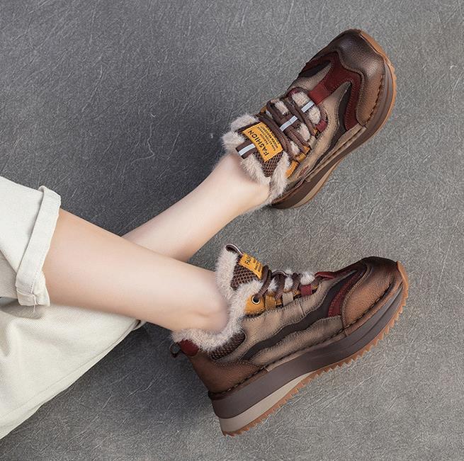 Fashion Genuine Leather Women Boots Lady Platform Flats Plush Warm Causal Autumn Winter Fashion Thick Bottom Sneakers Shoes