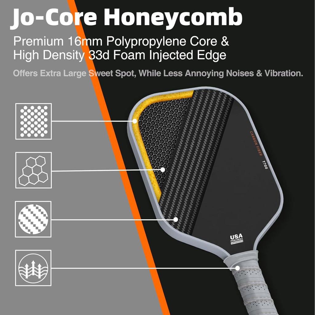 T700 16MM Enhanced Sweet Spot & Control & Power Anti-slip Grip Carbon Fiber Frosted Surface Pickleball Paddle