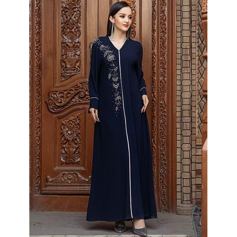 New Middle East V-neck Retro Handmade Seam Drill Dress V-Neck Hand Sewn Diamond Dress