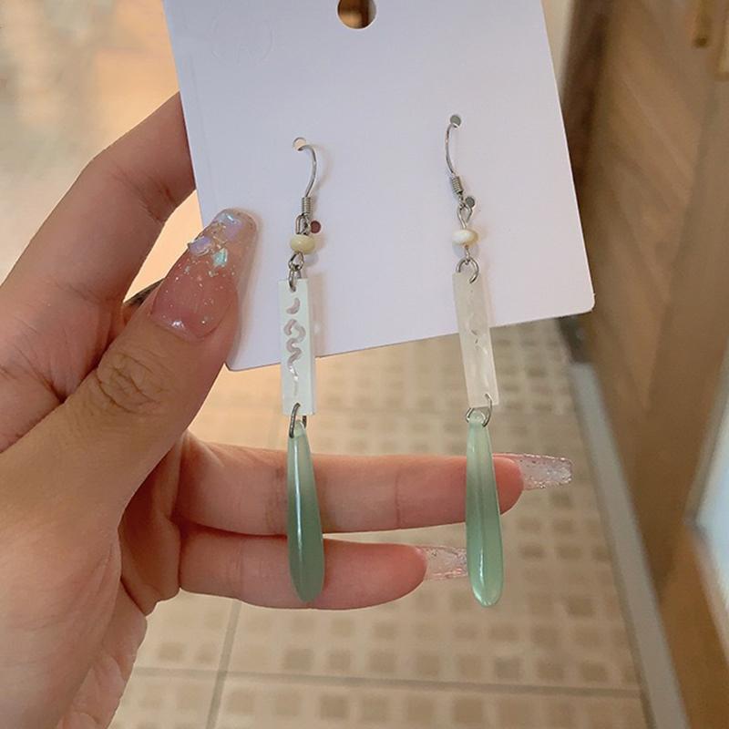 1 Paar Chinese Stijl Unieke Imitatie Jade Lange Hangende Oorbellen Voor Vrouwen Vintage Elegante Oorklip Klassiek Sieraden Cadeau