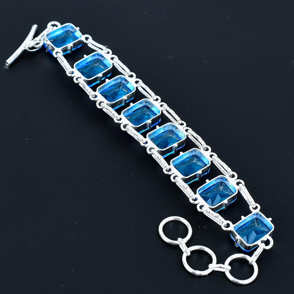 Faceted Blue Topaz Bracelet 925 Sterling Silver Jewelry Adjustable Chain Bracelet Cushion Shape Gemstone Handmade Jewelry Gift For Her